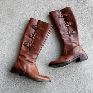 Ecco Tall Brown Leather Riding Boots Buckle Detail | Size 38
